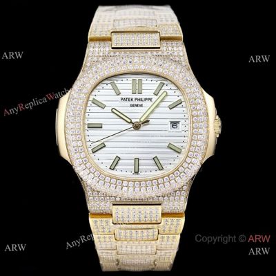 Swiss 324 Patek Philippe Nautilus Diamond-set watch Yellow Gold Silver Dial